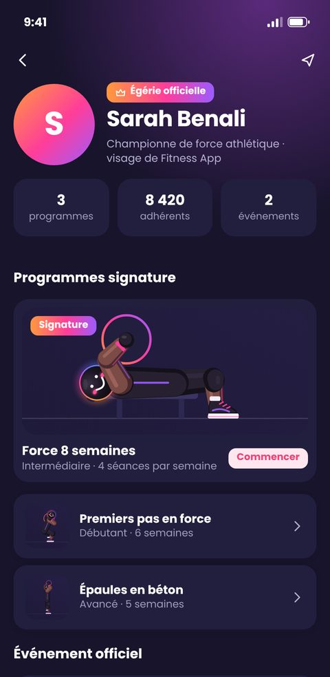Exemple de page d’une égérie dans l’application